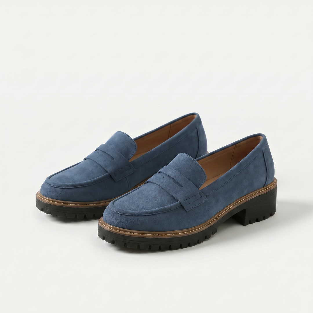 Women's chunky penny loafers with raised vamp straps and lugged soles