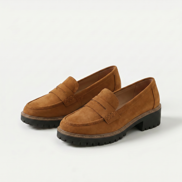 Women's chunky penny loafers with raised vamp straps and lugged soles