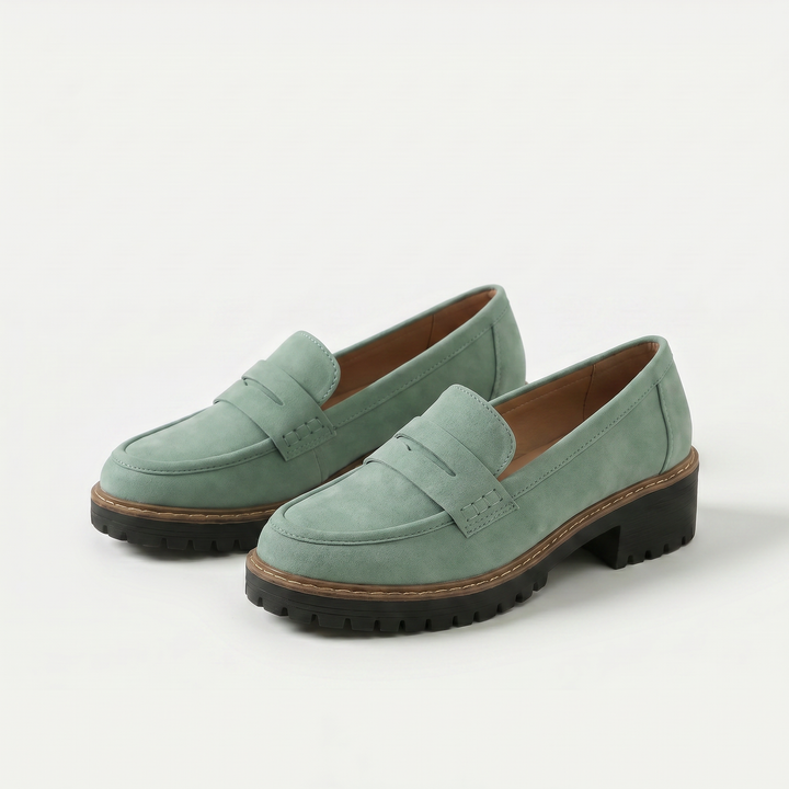 Women's chunky penny loafers with raised vamp straps and lugged soles