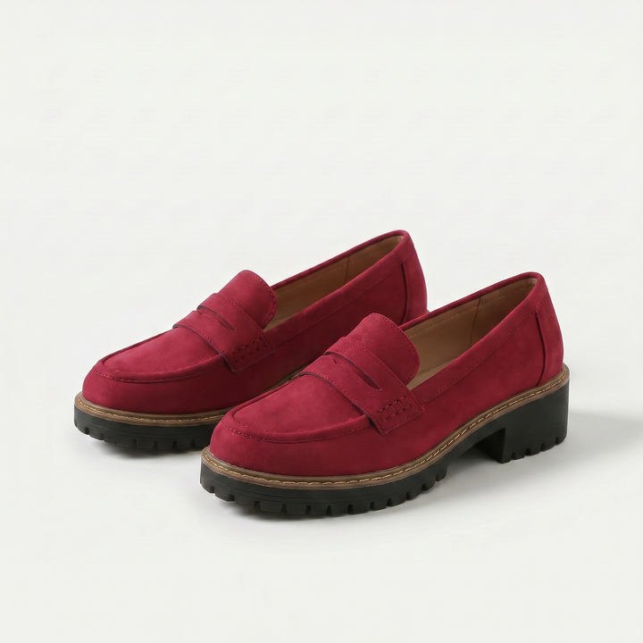 Women's chunky penny loafers with raised vamp straps and lugged soles
