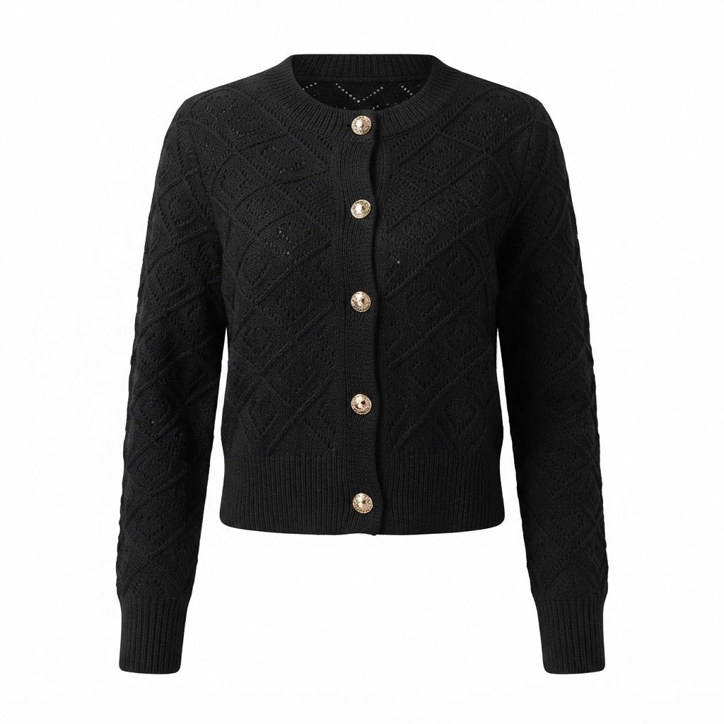Women's cropped openwork cardigan with geometric pattern, crew neck and button front
