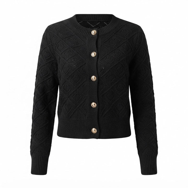 Women's cropped openwork cardigan with geometric pattern, crew neck and button front