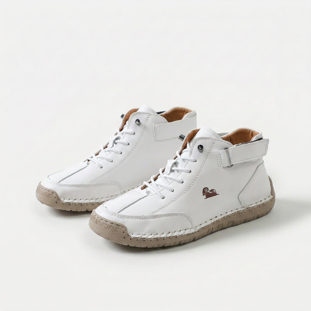 High-top lace-up sneakers with ankle straps, round toes and stitched panel detailing