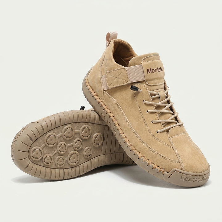 High-top lace-up sneakers with stitched panels, side strap detail and textured flat soles