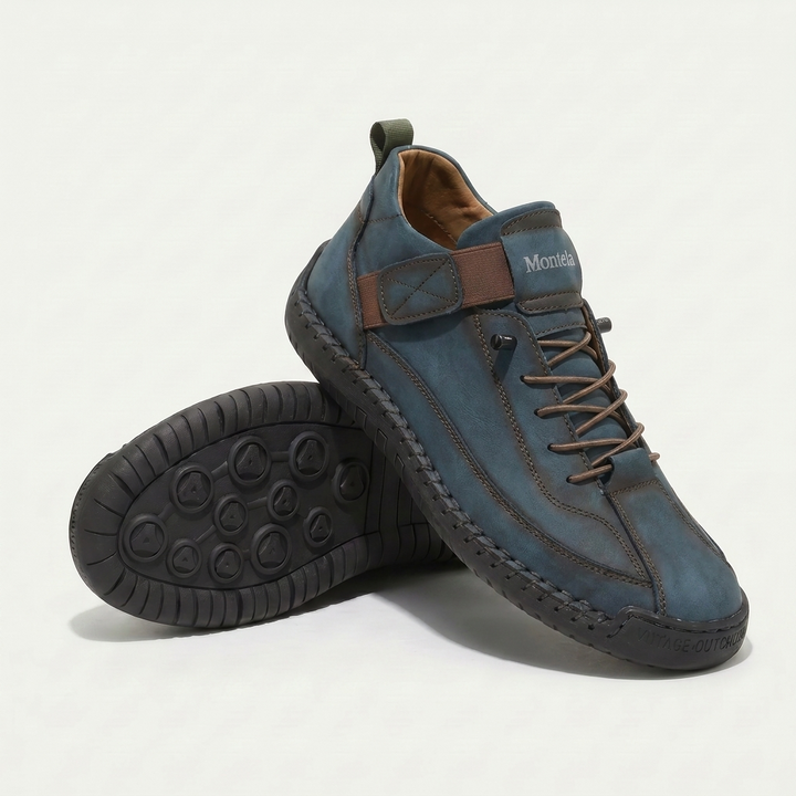High-top lace-up sneakers with stitched panels, side strap detail and textured flat soles