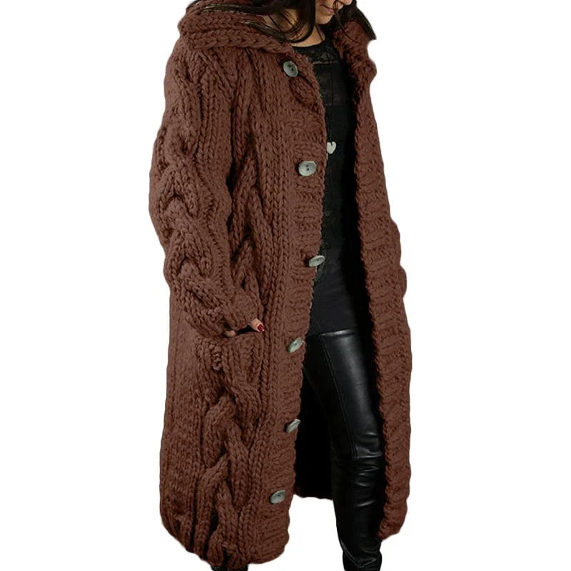 Women's longline cable knit cardigan with hood and button front