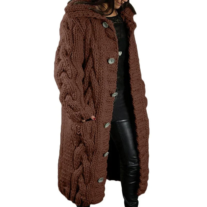 Women's longline cable knit cardigan with hood and button front