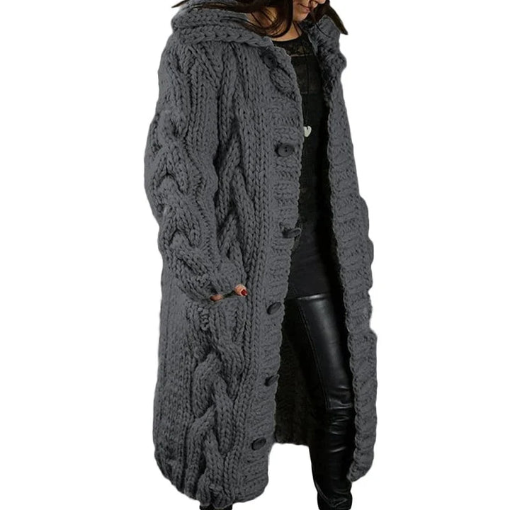 Women's longline cable knit cardigan with hood and button front