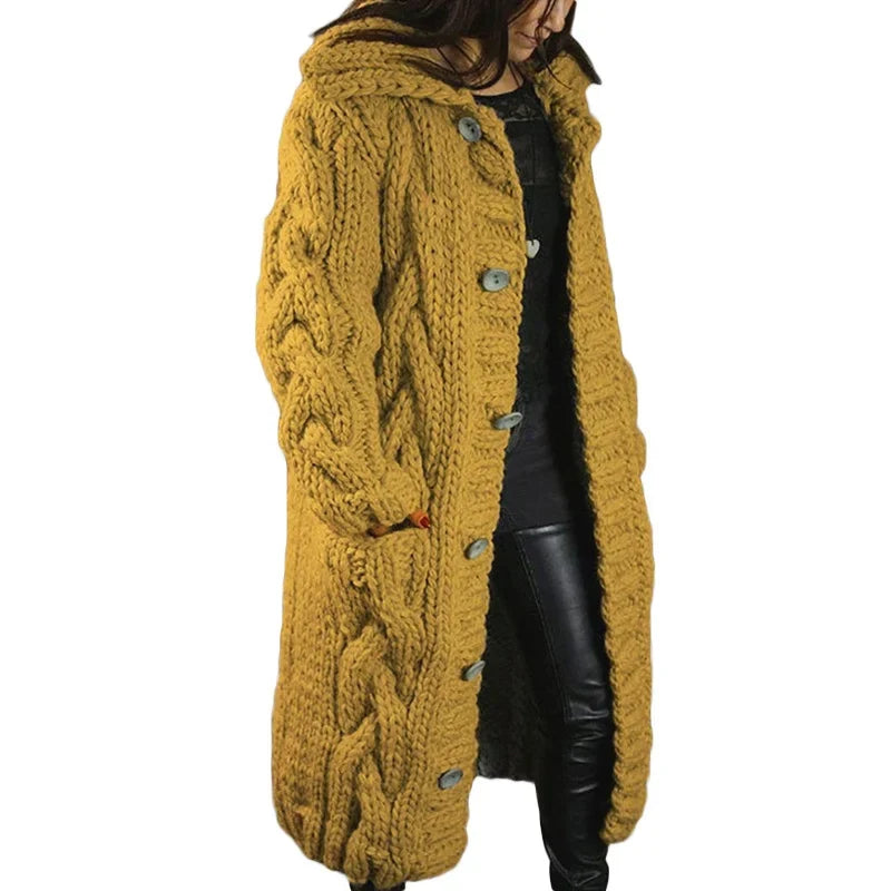 Women's longline cable knit cardigan with hood and button front