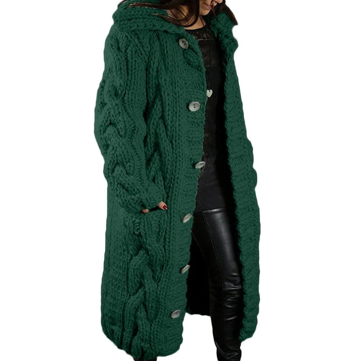 Women's longline cable knit cardigan with hood and button front