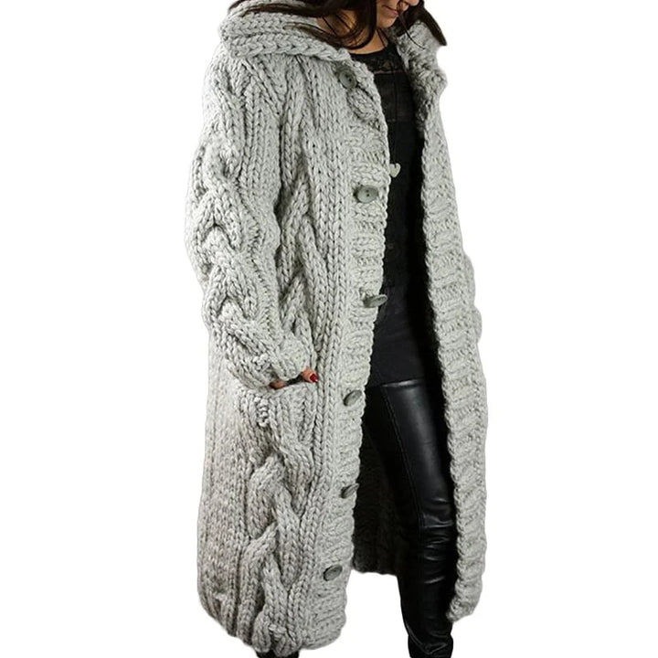 Women's longline cable knit cardigan with hood and button front