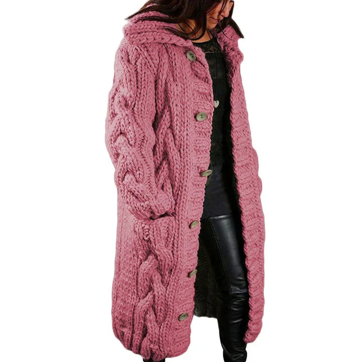 Women's longline cable knit cardigan with hood and button front