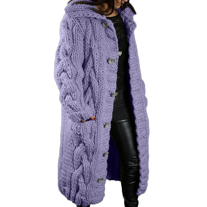 Women's longline cable knit cardigan with hood and button front