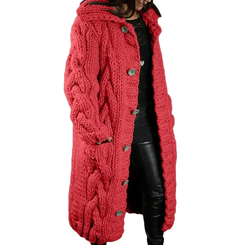 Women's longline cable knit cardigan with hood and button front