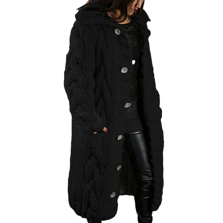 Women's longline cable knit cardigan with hood and button front