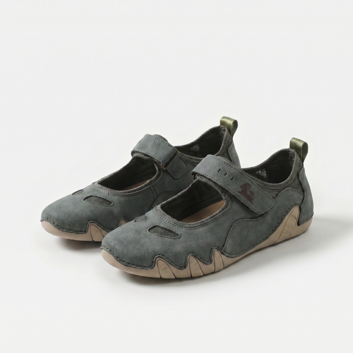 Mary Jane ballet flats with rounded toes, hook and loop straps and flat soles