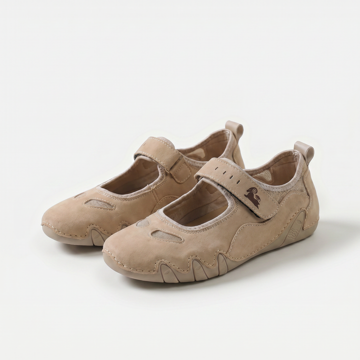 Mary Jane ballet flats with rounded toes, hook and loop straps and flat soles