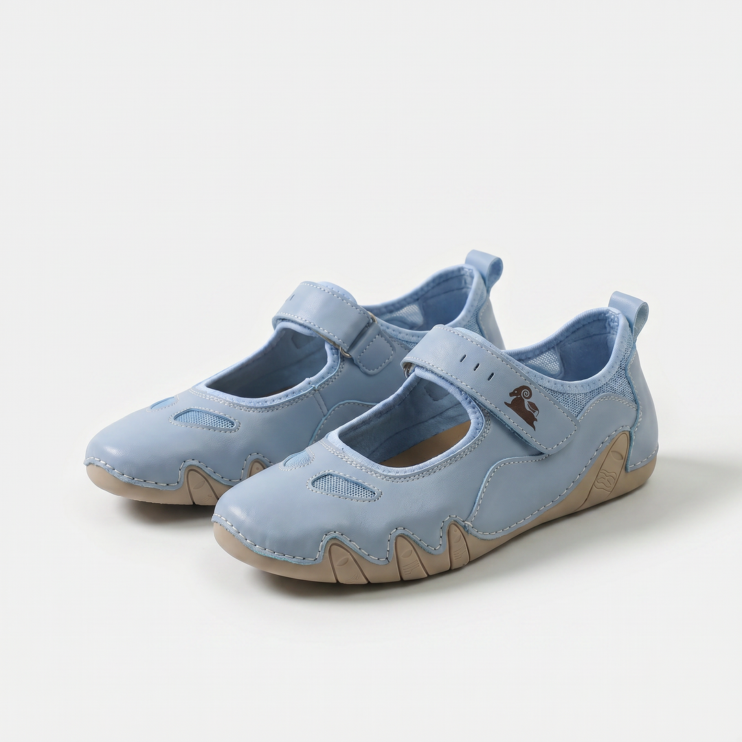 Mary Jane ballet flats with rounded toes, hook and loop straps and flat soles