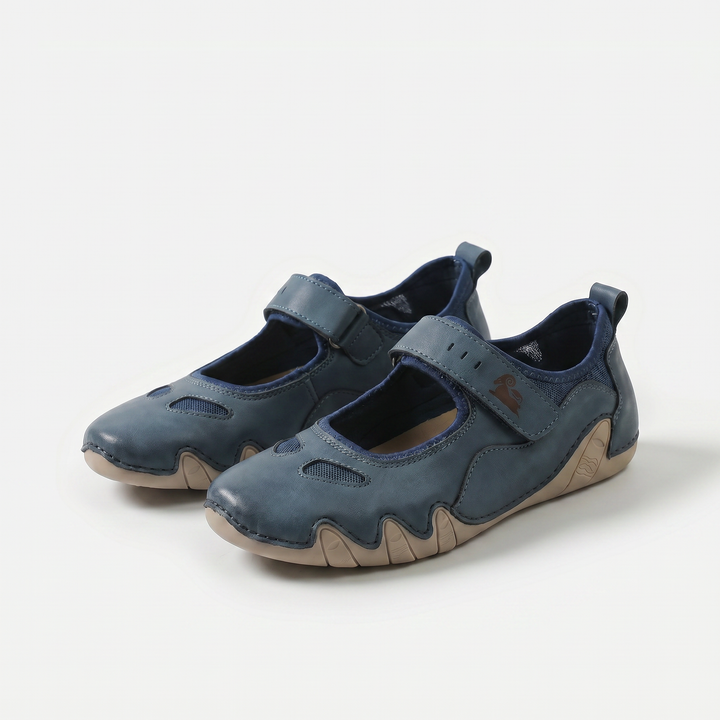 Mary Jane ballet flats with rounded toes, hook and loop straps and flat soles