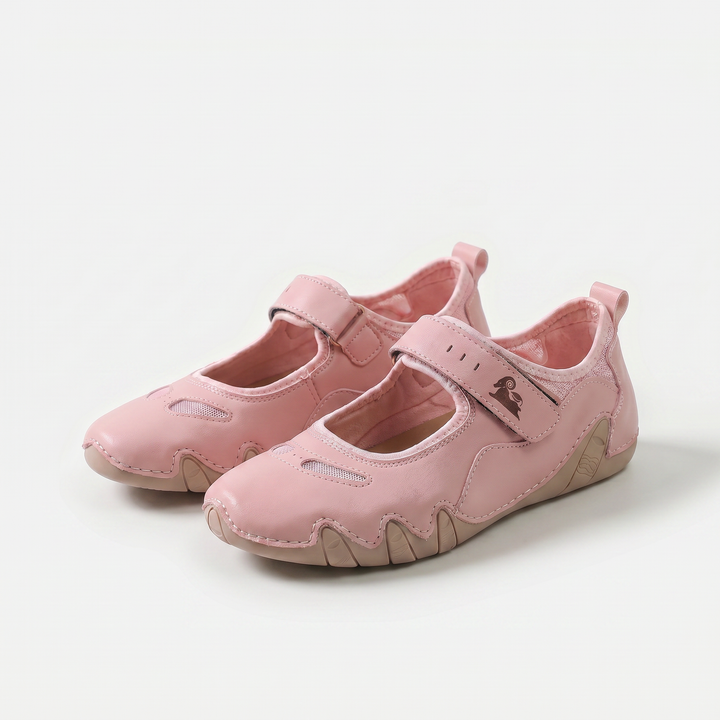 Mary Jane ballet flats with rounded toes, hook and loop straps and flat soles