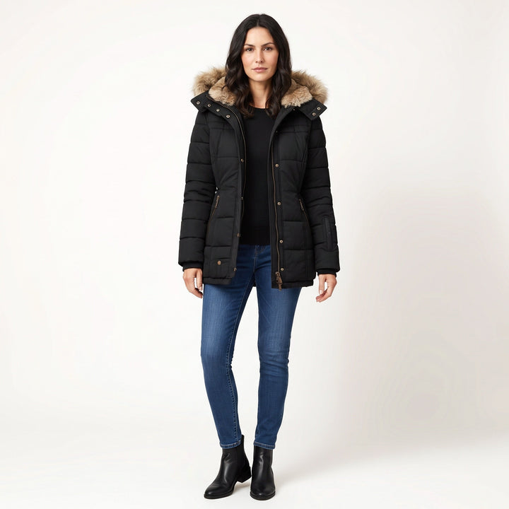 Women's faux fur-lined hooded puffer coat with quilted panels and zip pockets