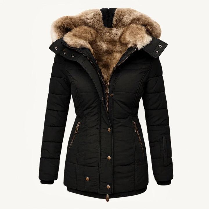 Women's faux fur-lined hooded puffer coat with quilted panels and zip pockets