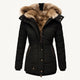 Women's faux fur-lined hooded puffer coat with quilted panels and zip pockets