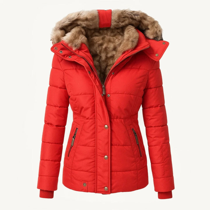 Women's faux fur-lined hooded puffer coat with quilted panels and zip pockets