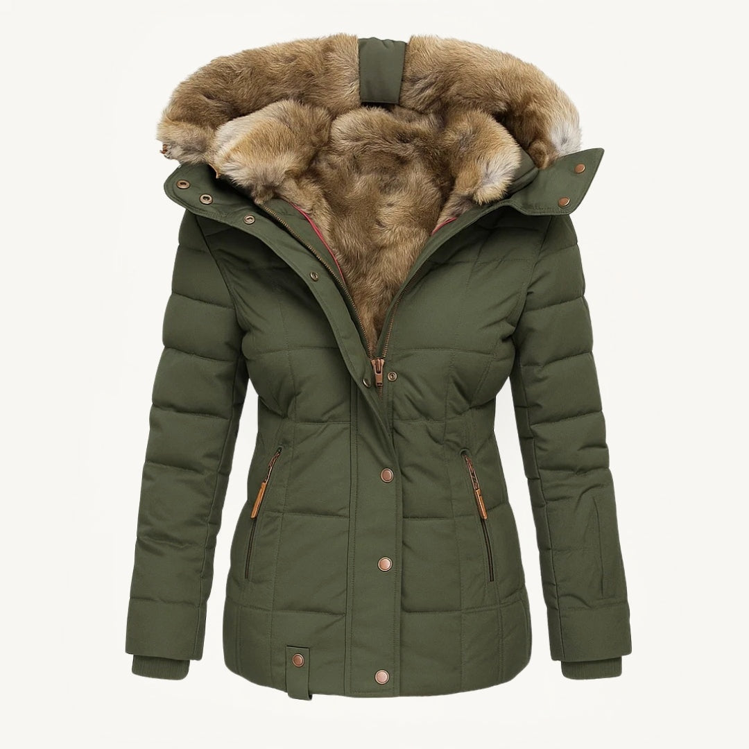 Women's faux fur-lined hooded puffer coat with quilted panels and zip pockets