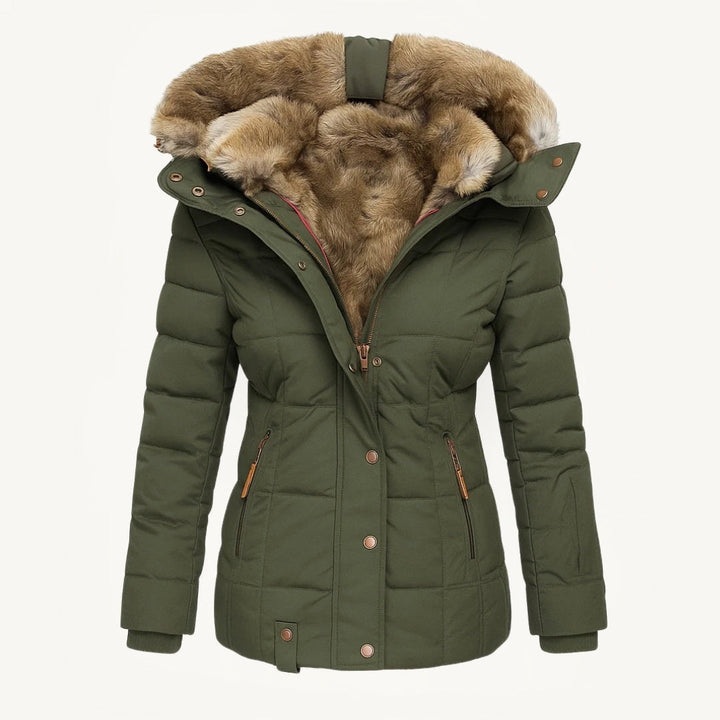 Women's faux fur-lined hooded puffer coat with quilted panels and zip pockets