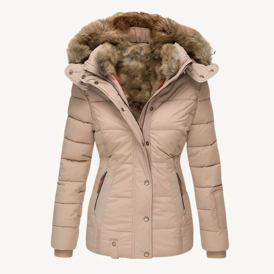 Women's faux fur-lined hooded puffer coat with quilted panels and zip pockets
