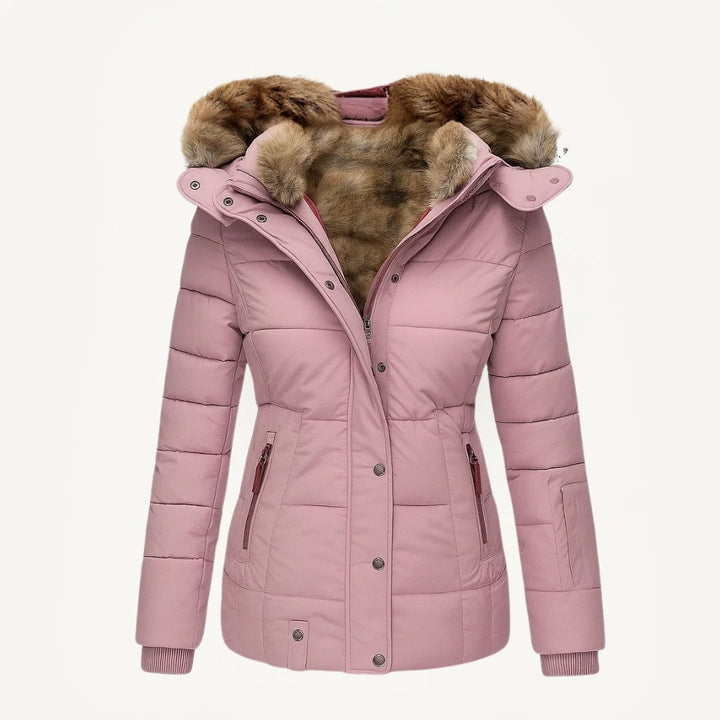 Women's faux fur-lined hooded puffer coat with quilted panels and zip pockets