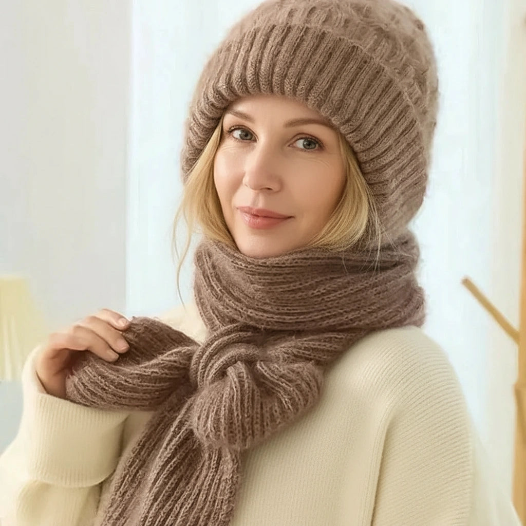 Women's ribbed winter hat and long scarf set with ear coverage