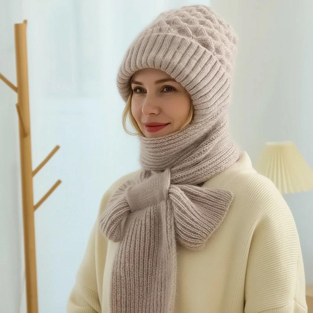 Women's ribbed winter hat and long scarf set with ear coverage