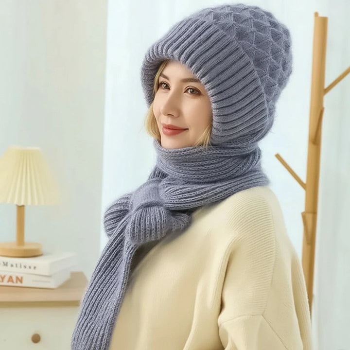 Women's ribbed winter hat and long scarf set with ear coverage