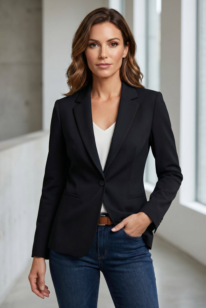 Women's tailored blazer with notched lapels and single-button closure
