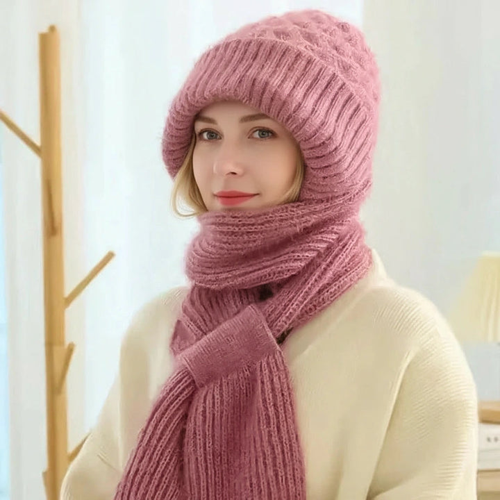 Women's ribbed winter hat and long scarf set with ear coverage