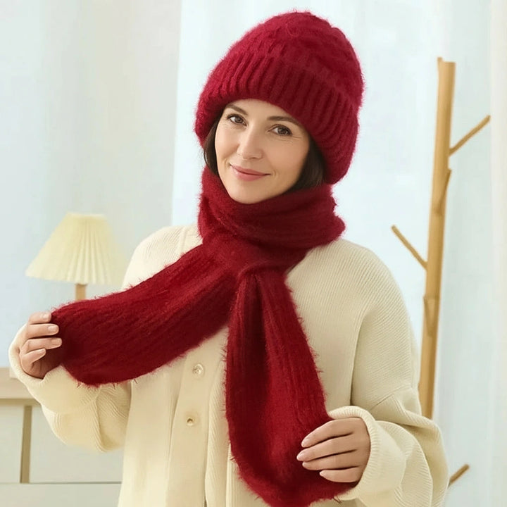 Women's ribbed winter hat and long scarf set with ear coverage