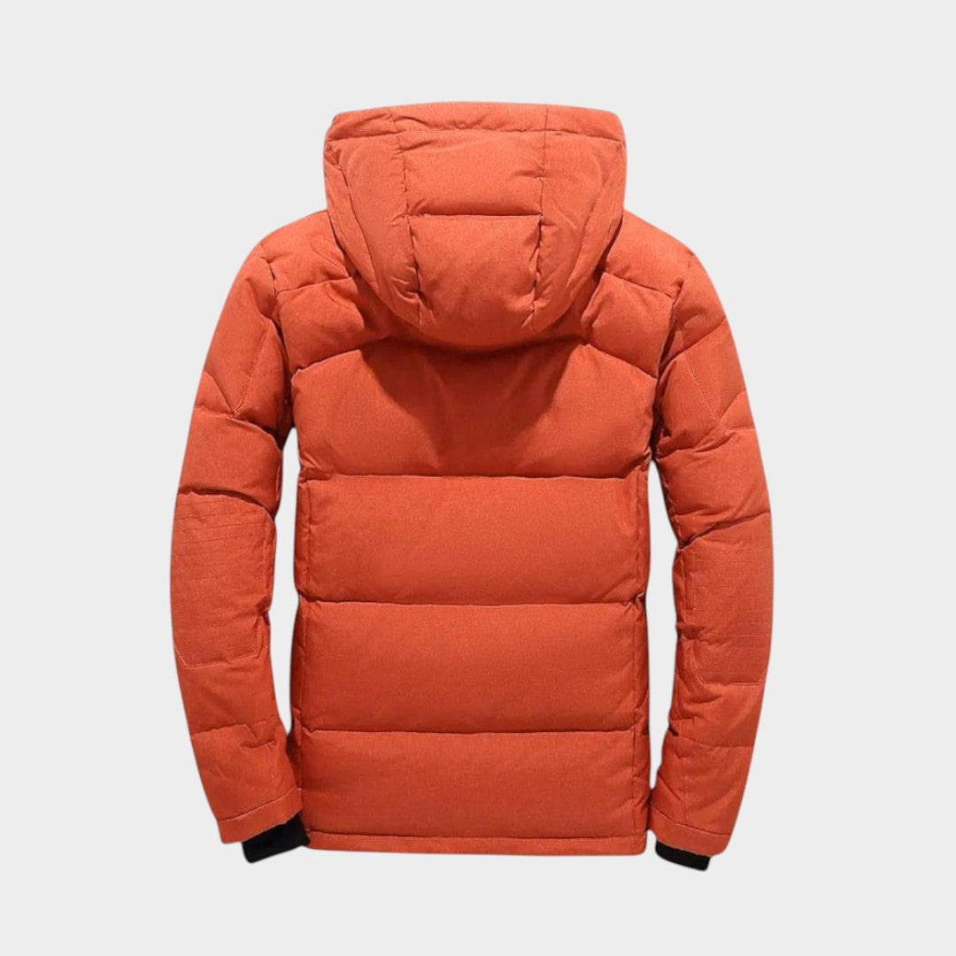Men's hooded quilted jacket with zip front, long sleeves and multiple pockets