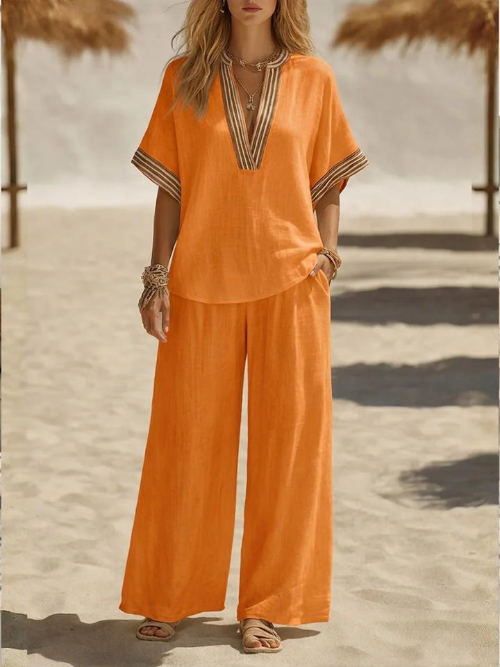 Women's two-piece relaxed linen set with V-neck top