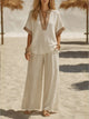 Women's 2-Piece Linen Set - V-Neck Top, Relaxed Wide-Leg Trousers, 7 Colours