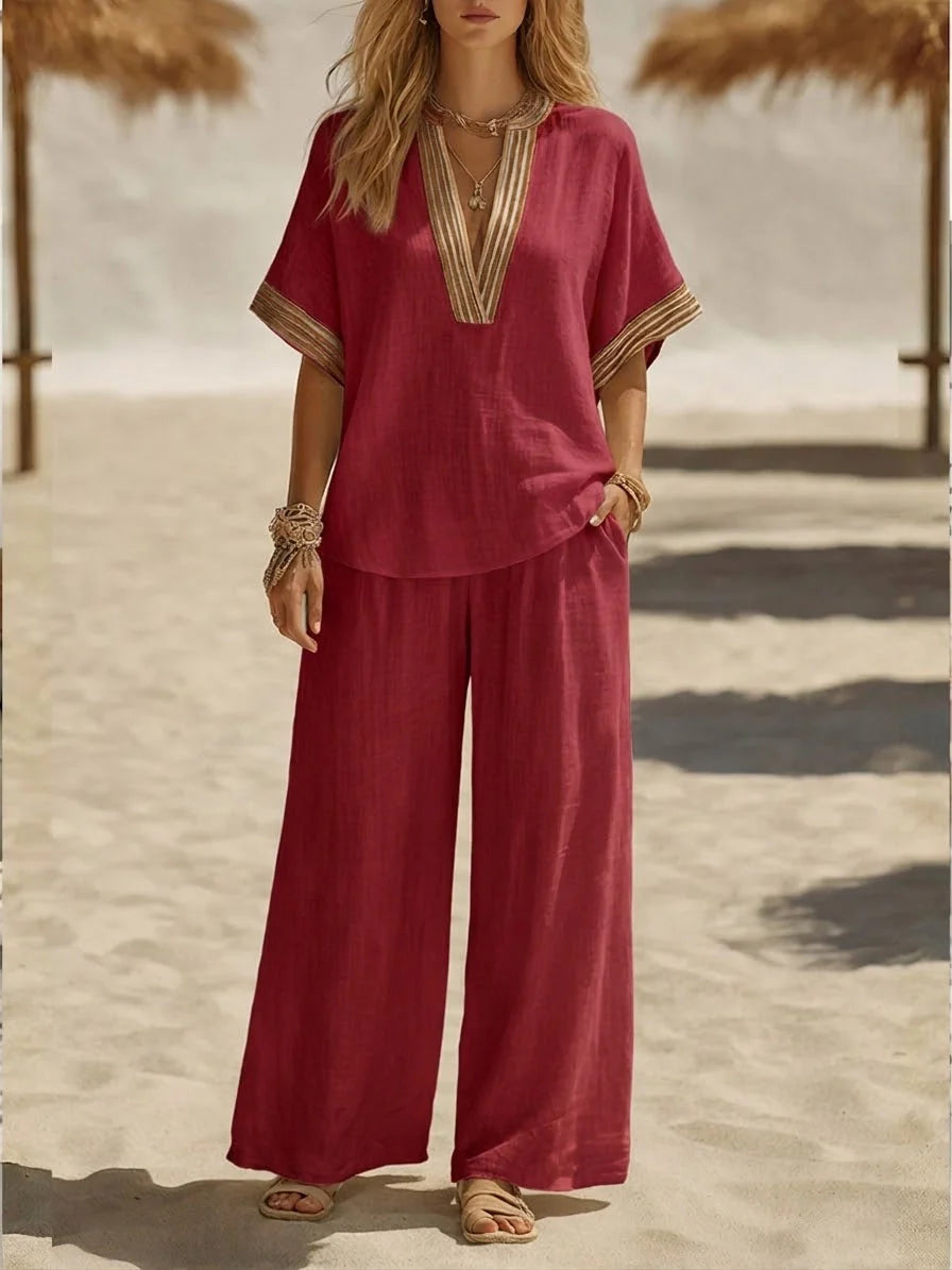 Women's two-piece relaxed linen set with V-neck top