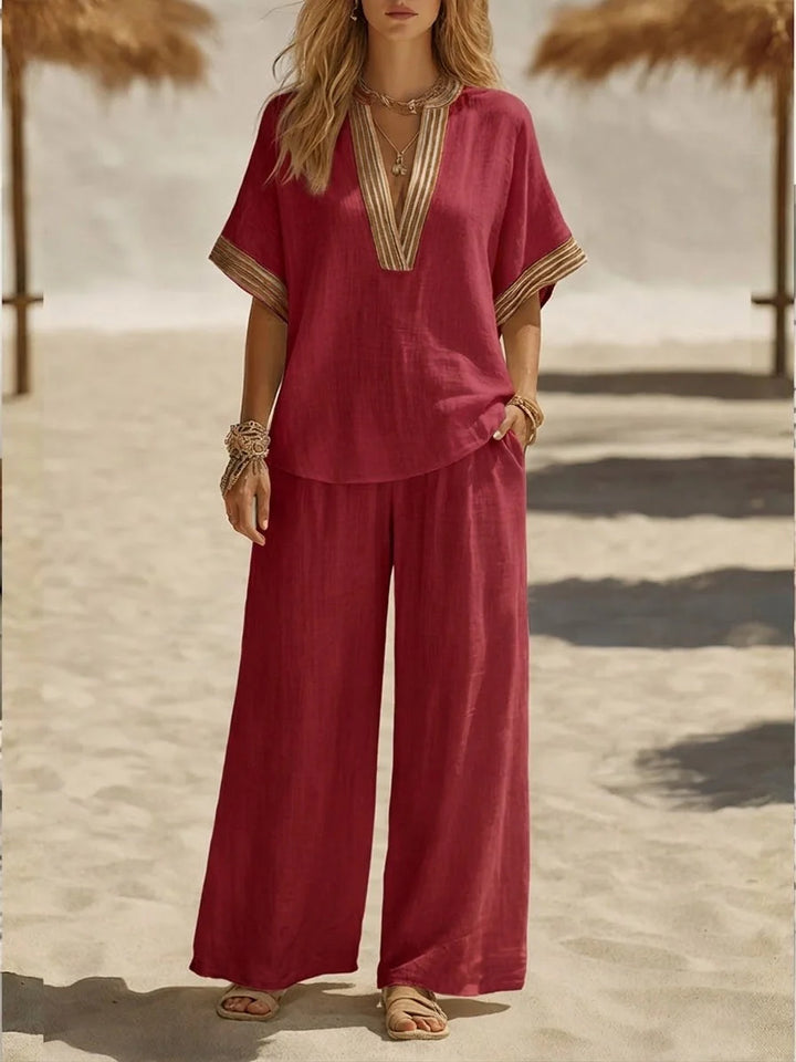 Women's two-piece relaxed linen set with V-neck top