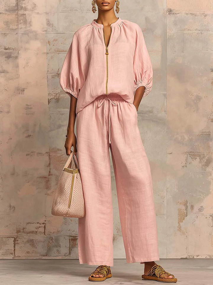 Women's two-piece zip-front linen set