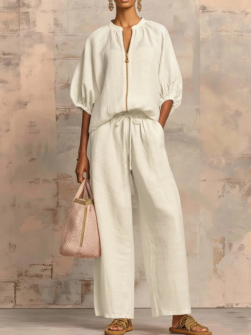 Women's two-piece zip-front linen set