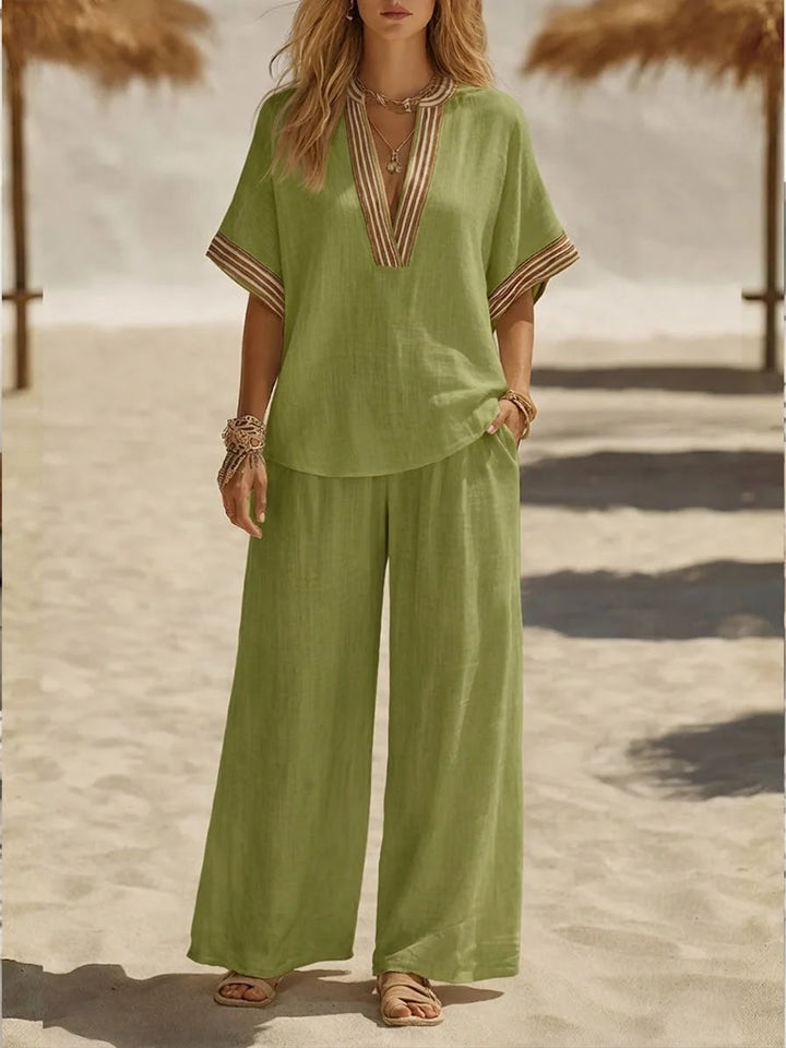 Women's two-piece relaxed linen set with V-neck top