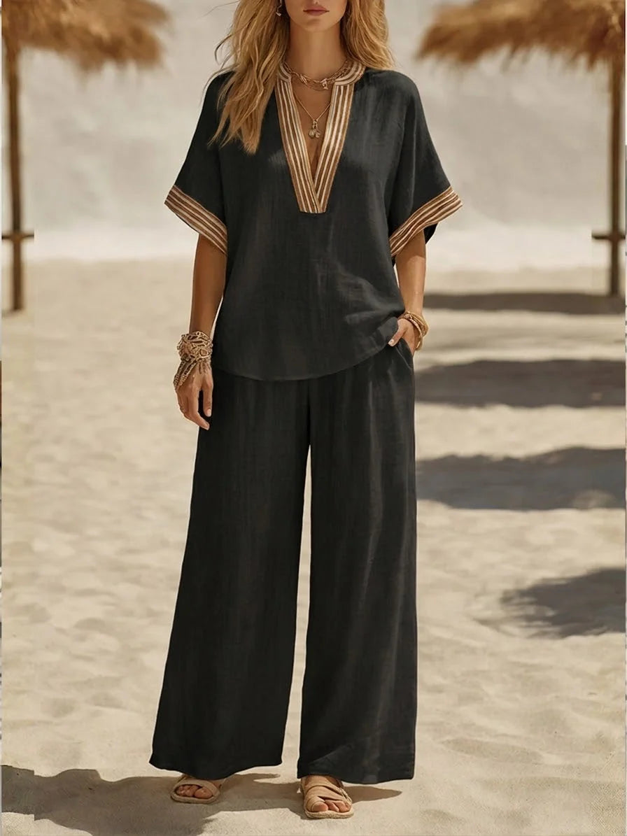 Women's two-piece relaxed linen set with V-neck top