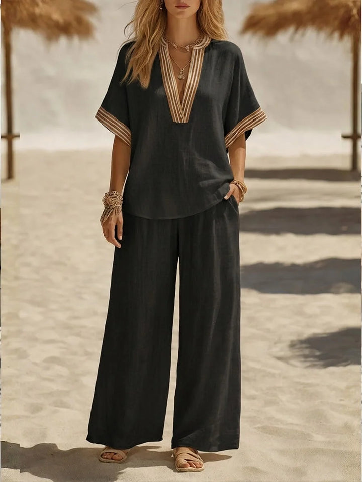Women's two-piece relaxed linen set with V-neck top