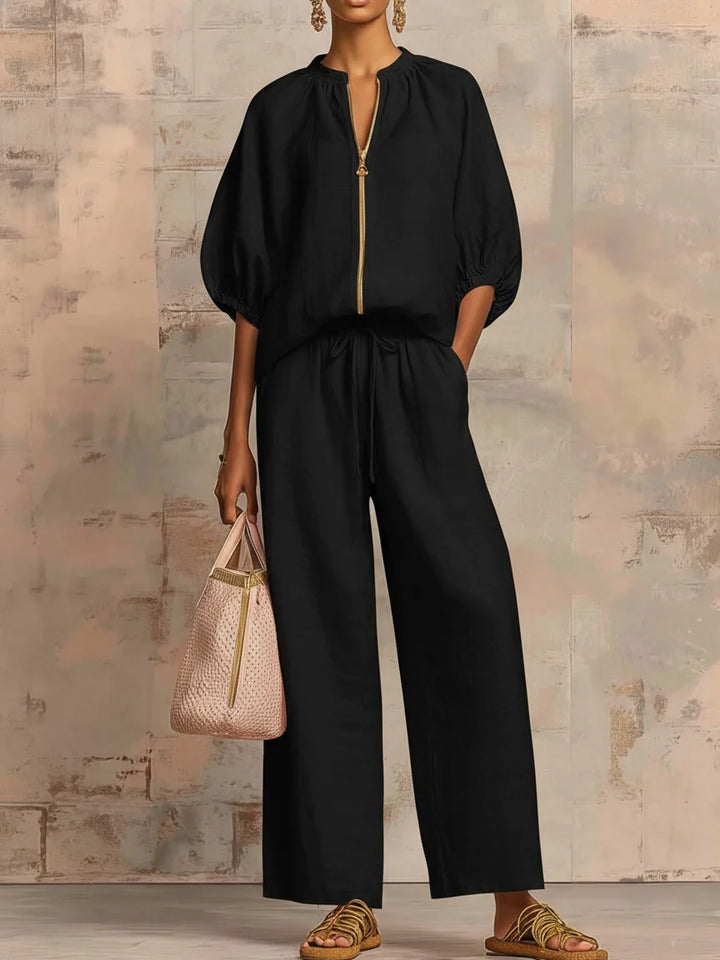 Women's two-piece zip-front linen set