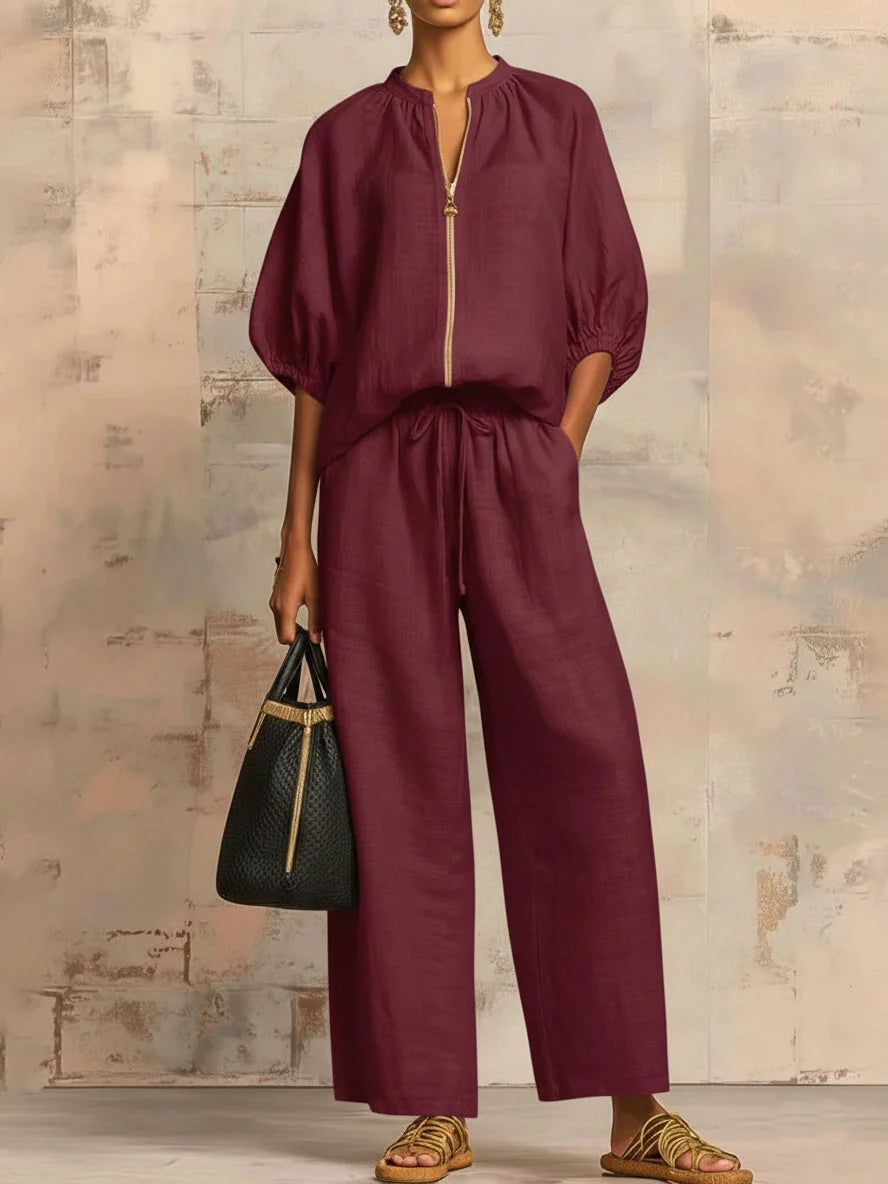 Women's two-piece zip-front linen set